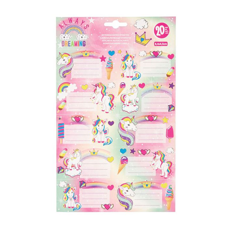 20 etiquetas adhesivas nombre Unicornios Kilumio
