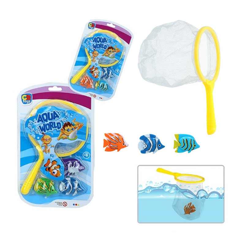 Set de Pesca Infantil con Red de Mano y 3 Peces Juguete acuático para la Playa y Piscina Aqua World CB Toys 24903 
